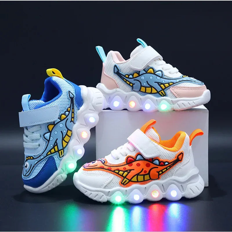 LED Tennis Shoes for Kids – Cartoon Boys and Girls, Breathable Mesh Casual Sneakers, Illuminated Light-Up Baby Trainers