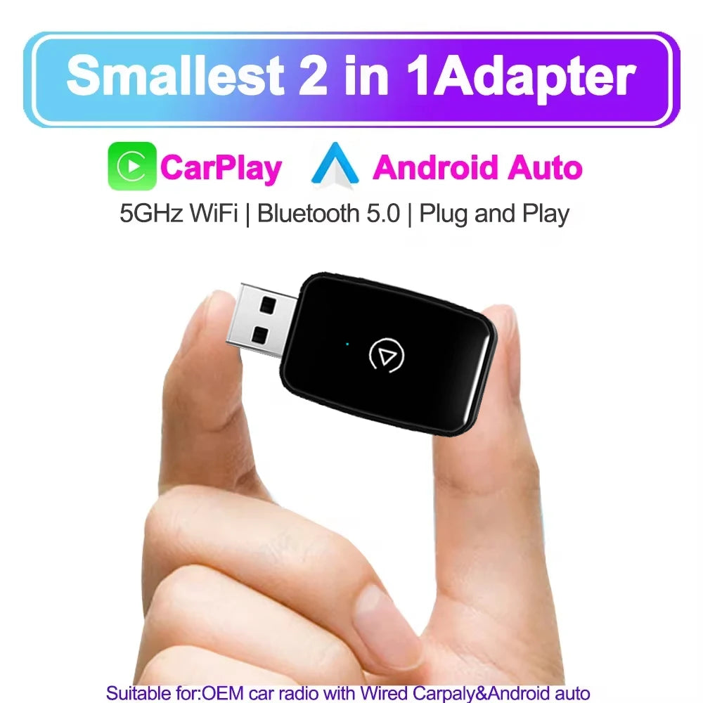 2024 Wireless CarPlay and Android Auto Adapter – 2 in 1 Smart Dongle with 5G WiFi and Bluetooth 5, Plug and Play for Wired Connections