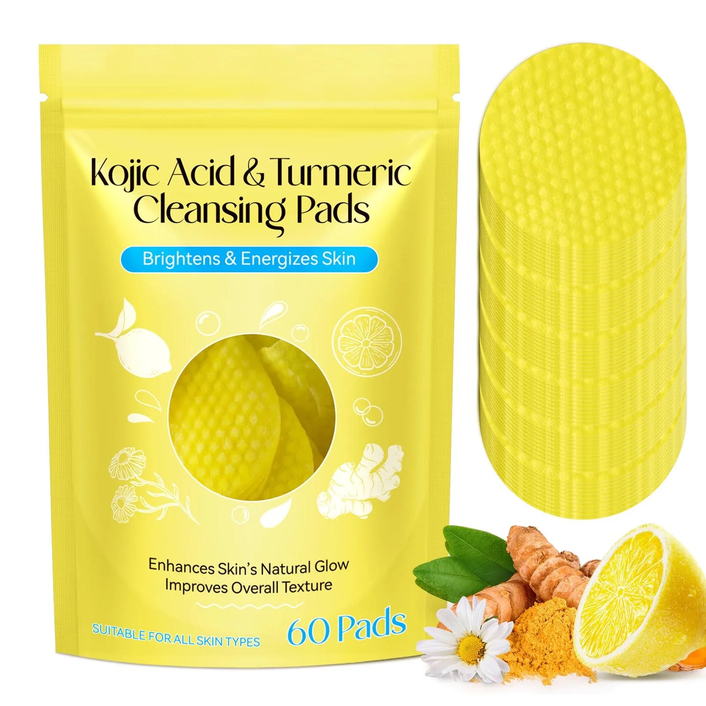 60/120pcs Kojic Acid and Turmeric Cleansing Pads - Deep Cleansing Face and Body Sponge for Smooth, Glowing Skin