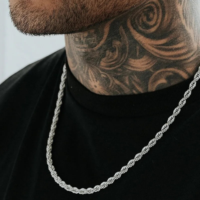 Men's Long Twist Rope Chain Necklace | Stainless Steel Minimalist Design | Available in Gold and Silver Colors | 2 to 5mm