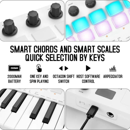 M-VAVE SMK-25 II MIDI Pad Controller - USB Mini 25-Key Keyboard, 16 RGB Drum Pads, 8 Knobs, Music Production Software Included