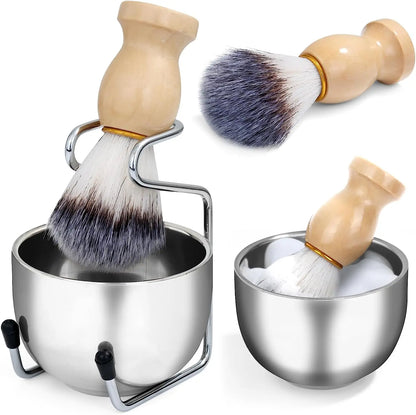 Men's Shaving Brush and Bowl Set – 3 in 1 Wood Handle Shaving Brush Kit with Stainless Steel Bowl and Brush Stand