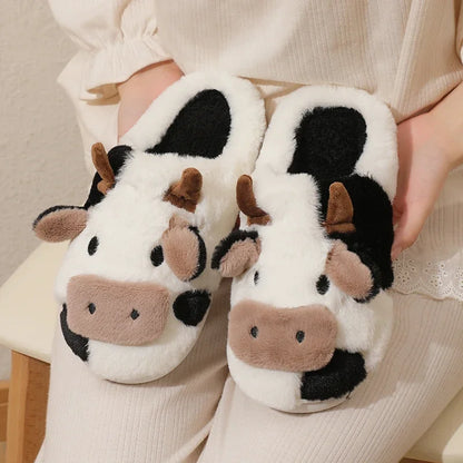 New Winter Cartoon Cow Warm Plush Slippers: Unisex Couple's Indoor Non-Slip House Slides - Toe Wrap Cotton Shoes