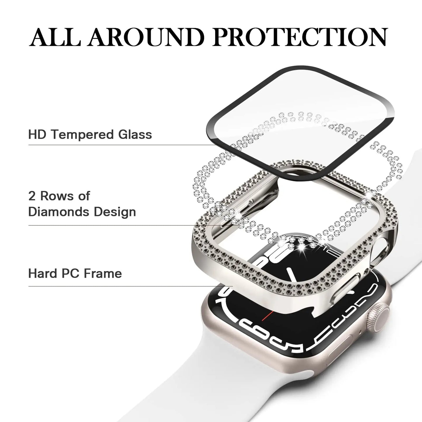 Glass and Diamond Apple Watch Case | Bling Bumper Protector for 38mm, 40mm, 41mm, 42mm, 44mm, 45mm | iWatch Series 3-9 and SE