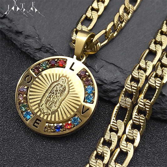 Virgin Mary Love Necklace – Colorful Crystal, Stainless Steel Gold Color with Our Lady of Guadalupe Pendant – Jewelry for Women and Men, N8389S05