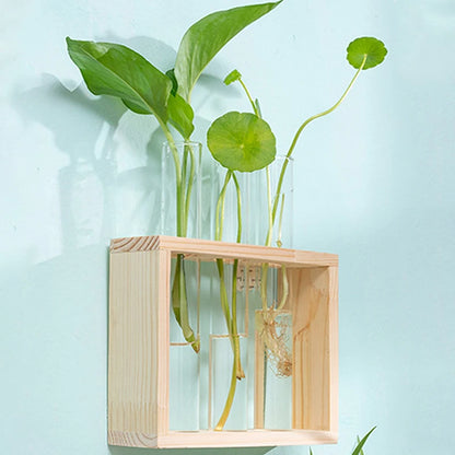 Wooden Frame Hydroponic Plants Container - Transparent Glass Test Tube Vase for Home Tabletop Bonsai Decor - Unique Crafts & Decorations