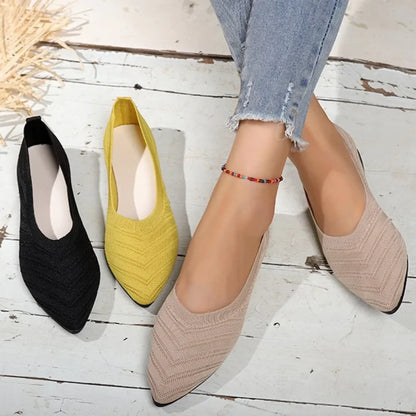 Women's Pointed Toe Flat Shoes – Solid Color Knitted Slip-Ons, Casual Breathable Ballet Flats and Loafers