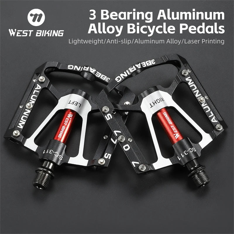 WEST BIKING 3-Bearing Bicycle Pedals - CNC Aluminum Alloy, Anti-Slip, Wide for MTB and Road Bikes - Professional Cycling Accessories