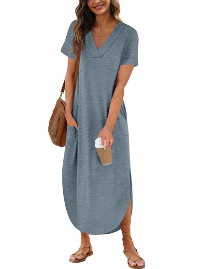 Summer Elegant Women's Cotton Linen Dress - Solid Color, Short Sleeve V-Neck, Comfortable Loose Fit with Pockets, Long Ladies Dress