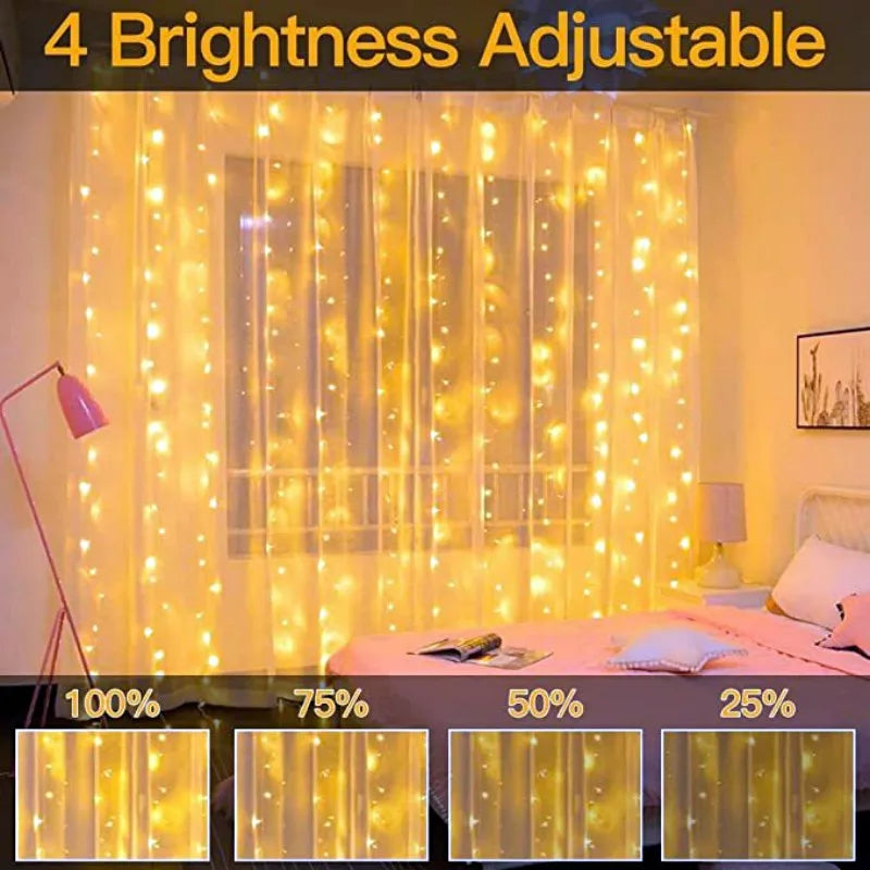 LED Curtain String Lights – Christmas Garland Fairy Light with 8 Modes, USB Remote Control for Wedding, Holiday and Home Decor