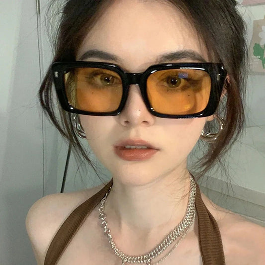 Vintage Square Sunglasses with Orange Lenses - Y2K Fashion Rivet Design for Men and Women, Brand Designer Mirror Sunglasses