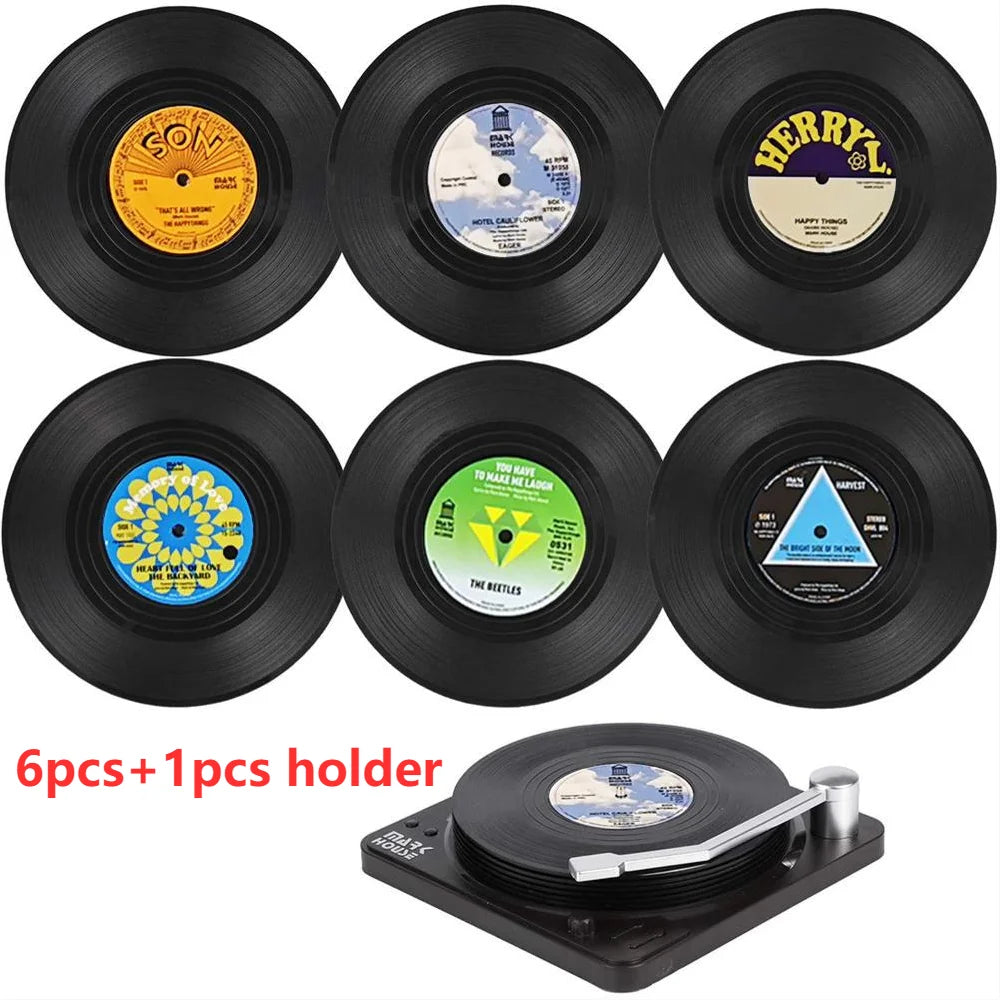 Set of 6 Vinyl Coasters – Retro Music Coasters with Vinyl Record Player Holder | Creative Record Disk Mug Pad Mat for Drinks