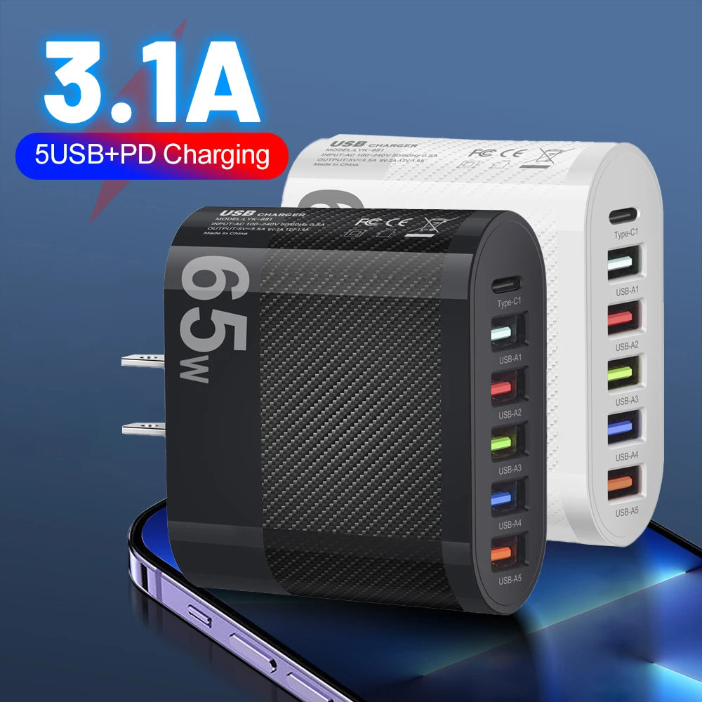 5-Port USB Charger with 3.1A PD Fast Charging for Xiaomi, iPhone 13, Samsung - QC 3.0 Wall Charger