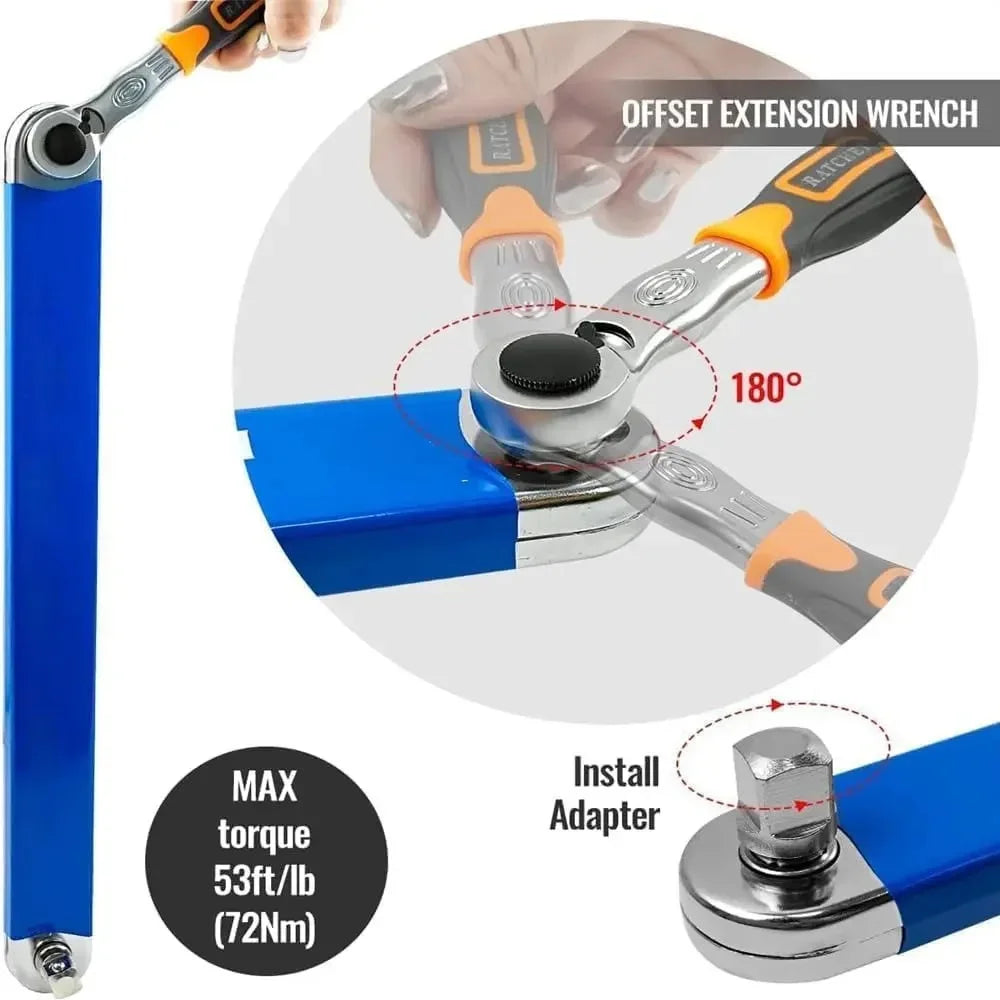 Offset Extension Wrench - Tight Spaces Tool with 1/2", 1/4", and 3/8" Drive Adapters - Universal Extension Tool