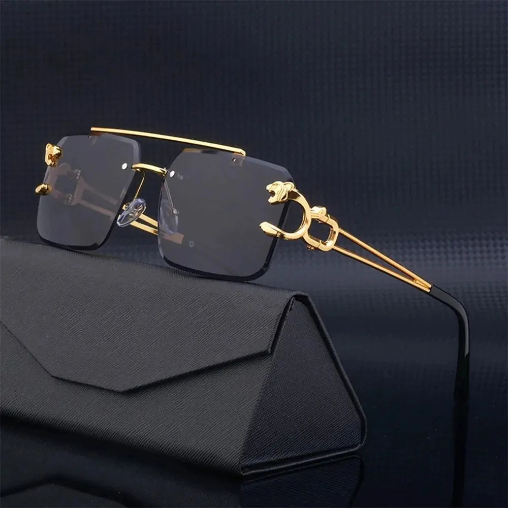 Fashion Metal Leopard Rimless Sunglasses - Double Bridge Gradient Shades with UV400 Protection, Punk Style