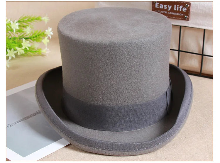 2024 Wool Flat Top Fedora Hat - Elegant Unisex Fashion Cap with Strap, Versatile Panama and Magician Gentleman Cylinder for Steampunk Style