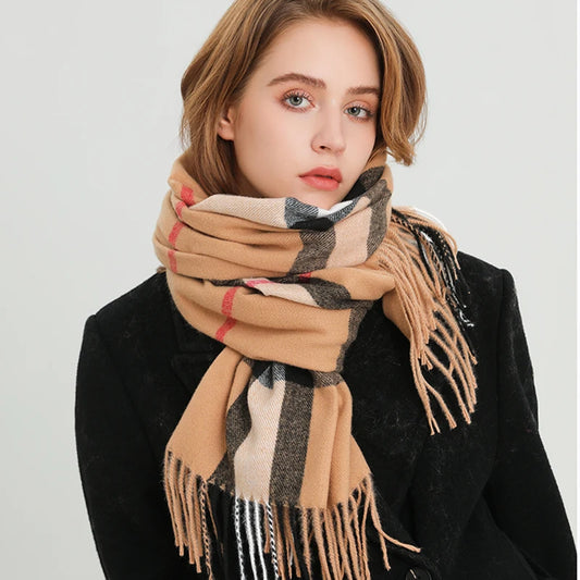 Luxury Brand Winter Plaid Cashmere-Like Blanket Scarf - Thick Warm Pashmina Shawl Wrap with Tassels, Poncho Stoles Echarpe