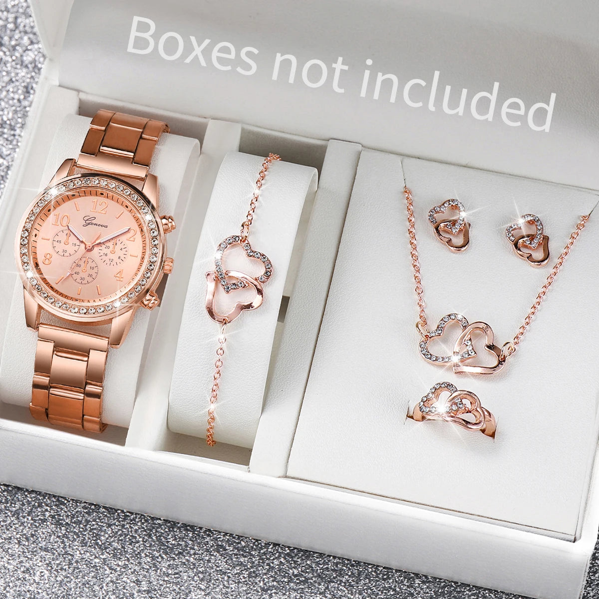 6PCS Women's Rhinestone Watch and Jewelry Set - Fashion Quartz Watch with Stainless Steel Band and Double Heart Design (Without Box)