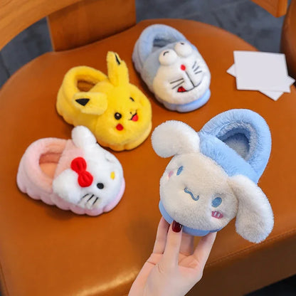 Cute Cartoon Cover Heel Slippers for Children - Soft Sole Non-Slip Plush Indoor Cotton Shoes for Baby Boys and Girls, Warm Winter Footwear