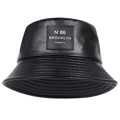 Unisex N86 Label PU Leather Bucket Hat - Personality Fisherman Cap with Sunscreen, Casual Outdoor Wear