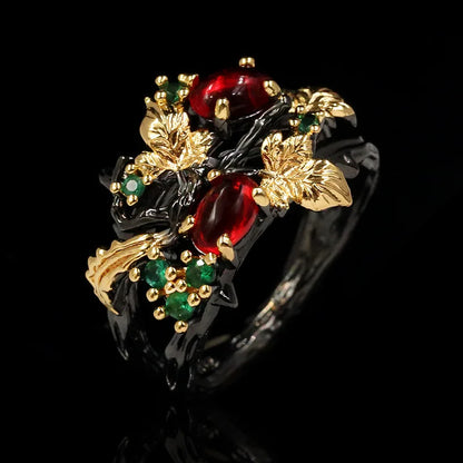 Exquisite Leaf Flower Zircon Ring for Women - Two-Tone Black and Gold with Red Zircon, Elegant Ladies' Jewelry