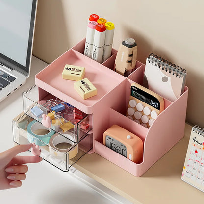 Desktop Transparent Cosmetics Storage Box – Organizer with Drawers and Pen Holder for Office Desks