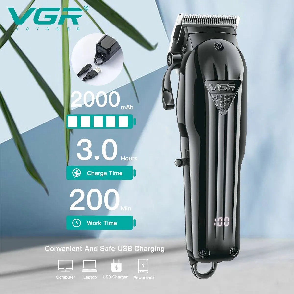 VGR Hair Clipper - Professional Cordless Rechargeable Hair Cutting Machine Trimmer with Adjustable Blades, Model V282