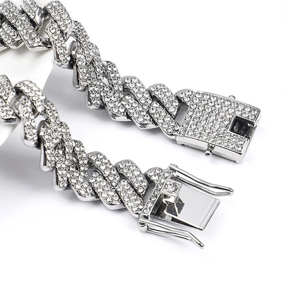 Hip Hop Shiny 15MM Cuban Link Chain Necklace | Silver Color Rhinestone Iced Out | Punk Jewelry for Women & Men | Gift