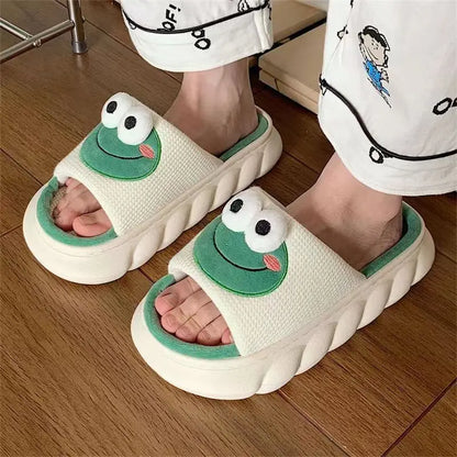 Cute Cartoon Frog Slippers: Winter Warm Indoor Home Slides with Thick Linen Sole - Couple Slipper Bedroom Anti-Slip Shoes Sandals for Women