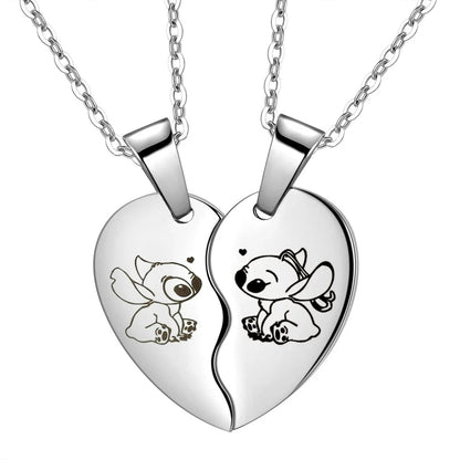 Disney Lilo and Stitch Necklace - Stainless Steel Heart Pendant with Cute Stitch Figure, Neck Chain for Lovers Jewelry