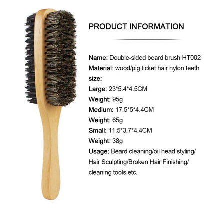 Men's Natural Boar Bristle Hair Brush - Available in S/M/L Sizes - Wooden Wave Brush for Beard Grooming - Dual-Purpose Double-Sided Design