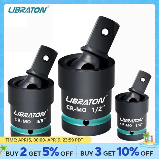 Libraton Swivel Socket Set - Impact Grade Universal Joint with Wobble Socket - 1/4", 3/8", 1/2" Drive - Made of Cr-Mo Steel