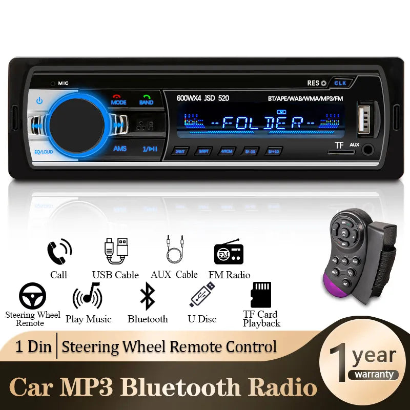 1 Din Car Stereo Player: Digital Bluetooth MP3 Player with FM Radio and USB/SD Input