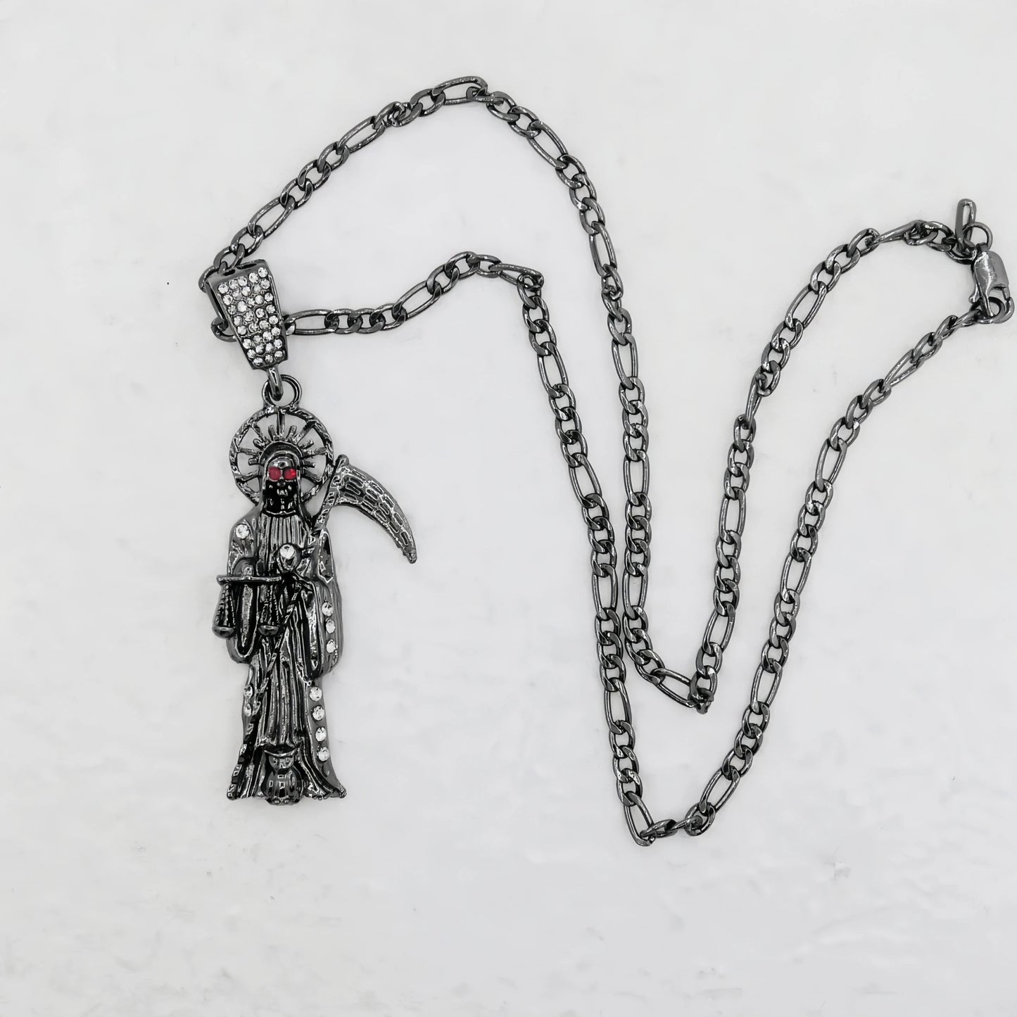 Santa Muerte Necklace – Figaro Chain with Santisma Muerte Pendant and St. Jude Charm for Men and Women