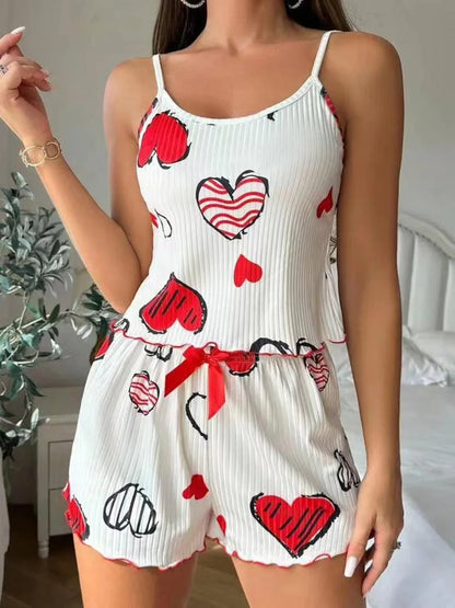 Summer Women's Heart Print Pajama Set - Relaxed Fit Round Neck Backless Crop Cami Top and Shorts Loungewear