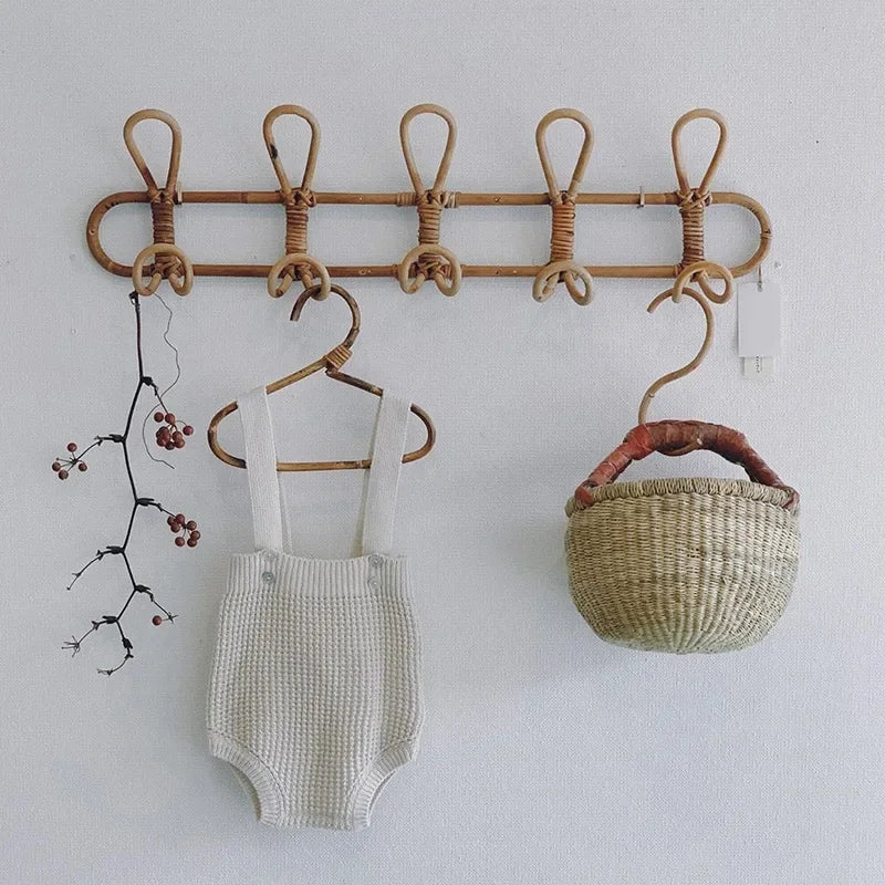 Rattan Wall Hooks - Kids Garments Organizer Rack, Clothes and Hat Hanging Hook for Room Decor, Clothing Storage