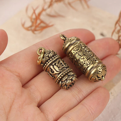 Vintage Hollow Brass Buddha Sutra Cylinder Pendant – Handmade Keychain Pill Box Container