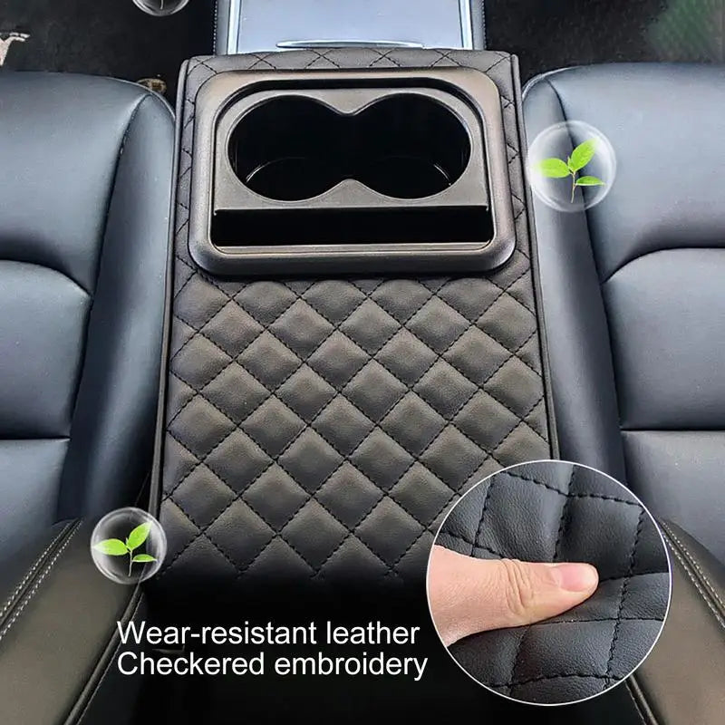 Auto Center Console Armrest Cushion with 2 Cup Holder - PU Leather Armrest Pad, Portable Car Armrest Pillow Cover, Height Adjustable Pad