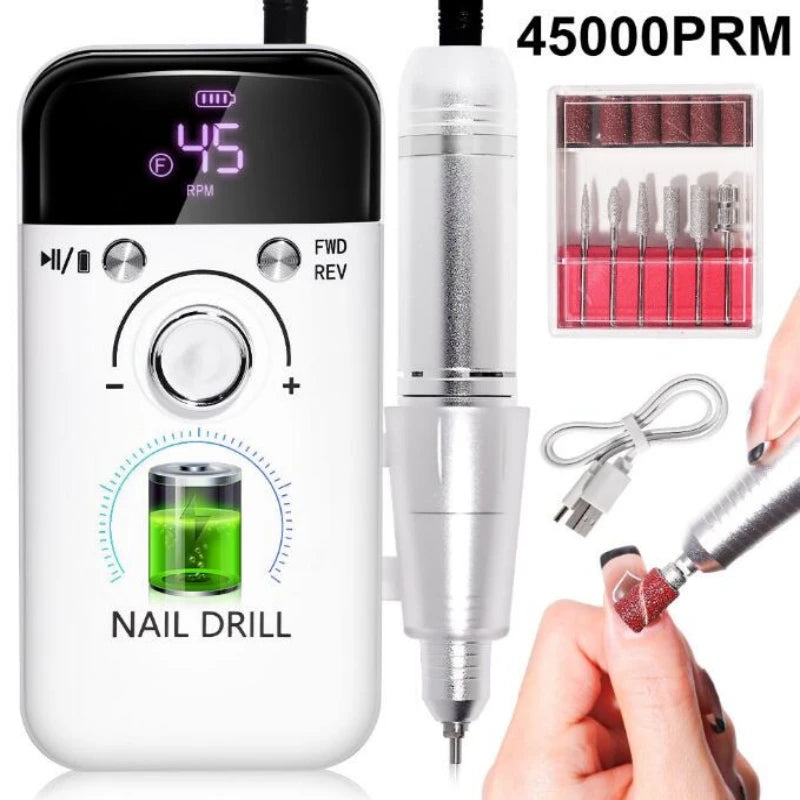 Professional Electric Nail Drill Machine: 45000RPM, Rechargeable, Portable - Perfect for Gel Nails Polish & Manicure