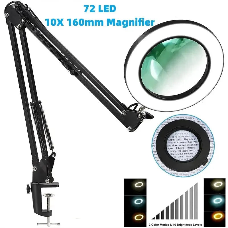 72LED 8X/10X Illuminated Magnifier - USB Powered, 3 Colors LED Magnifying Glass for Soldering Repair, Table Lamp, Skincare Beauty