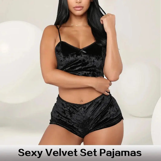 Women's Sexy Strappy Pajama Set: Velvet Polyester Comfortable V-neck Underwear - 2 Piece Sleeveless Home Clothes