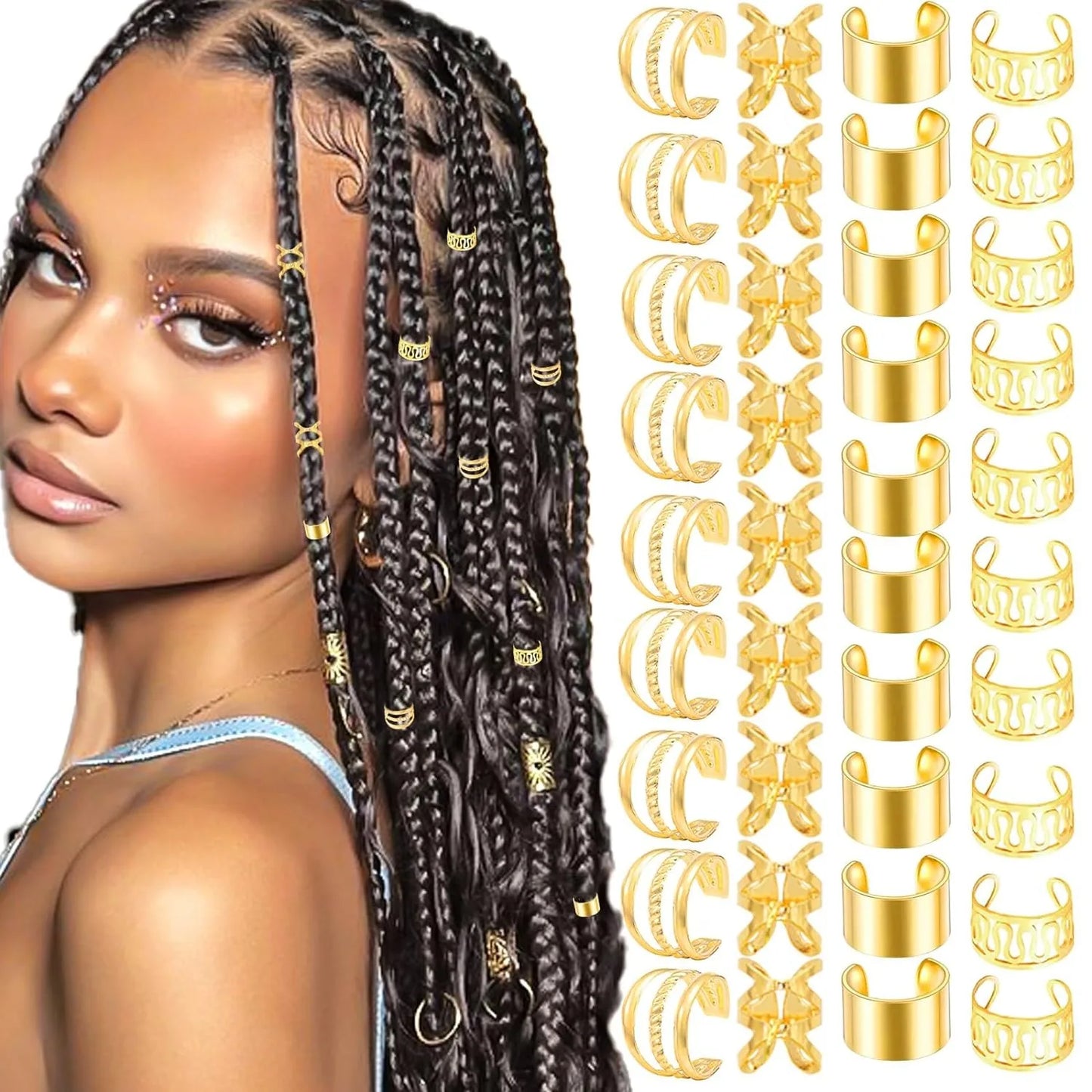 40PCS Gold Hair Jewelry for Braids – Adjustable Cuffs, Rings, and Beads for Locs and Dreadlocks