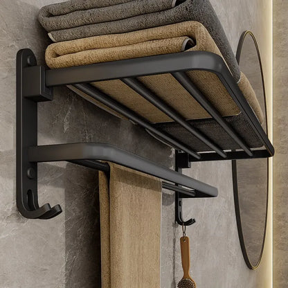 Matte Black 50CM Folding Towel Holder with Hook - Wall-Mounted Aluminum Towel Rack