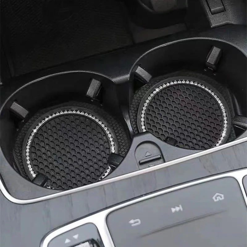 Car Water Cup Pad Holders - Non-slip Diamond Rhinestone Rubber Mat, Bottle Holder Coaster Auto Interior Anti-skid Cup Holders