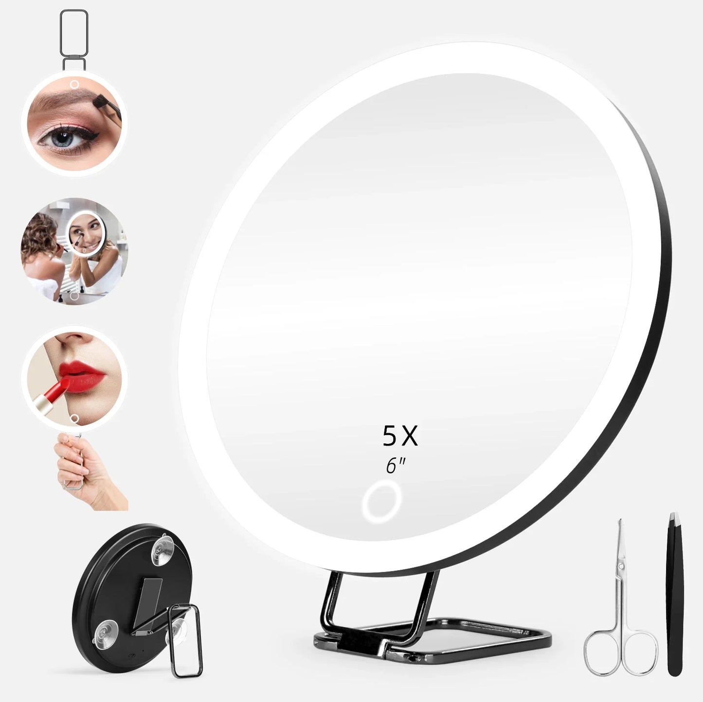 6 Inch Magnifying Mirror with Light - 5-30X Portable Travel Mirror with 360° Adjustable Stand and Suction Cup