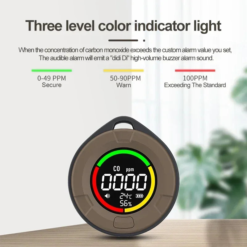 PTH-10D Mini Carbon Monoxide Detector - Portable CO Air Quality Monitor with HD LED Screen, USB Charging for Indoor and Travel