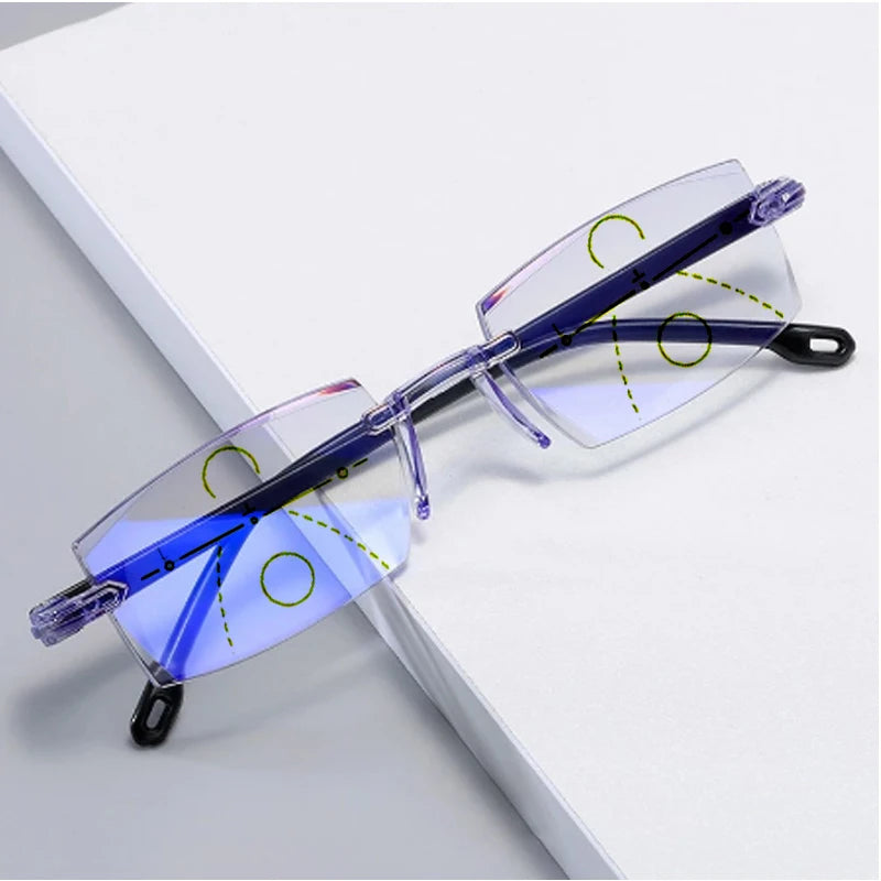 New Diamond-Cut Bifocal Progressive Reading Glasses for Men - Blue Light Blocking, Multifocal, Ultralight Rimless Eyewear