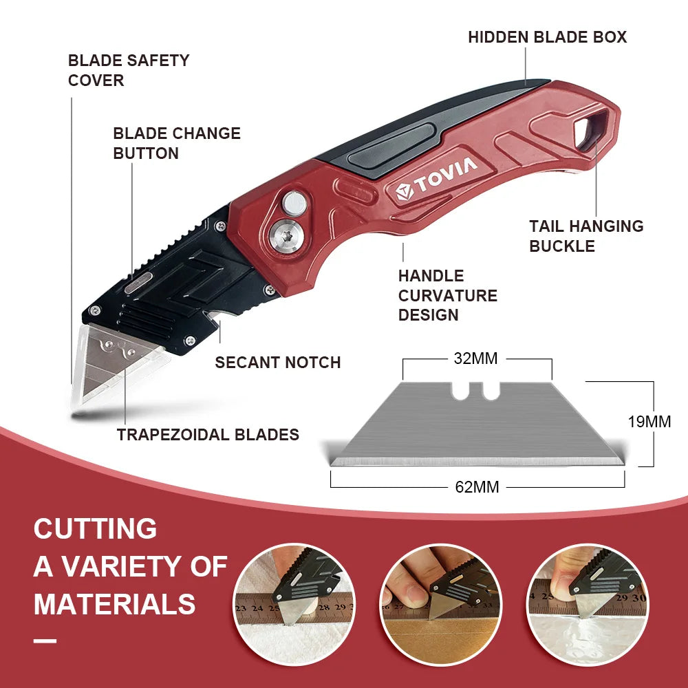 T TOVIA Folding Utility Knife - Replaceable Cutter for Cable, Cartons, and Cardboard Boxes, Outdoor Hand Tool with Handle Blades