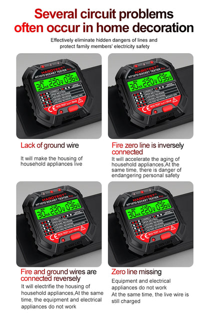 HT107 Socket Tester Pro - Voltage & RCD Test, Socket Detector for UK, EU, US Plugs | Ground, Zero Line, Polarity, Phase Check