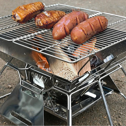 Folding Grill Fire Pit – Stainless Steel Outdoor Table Camping Stove with Charcoal Rack, Foldable Barbecue Grill